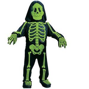 Toddler Skelebones Halloween Costume 4/6 Skeleton Green 3-D 6 Pc Jumpsuit Boys